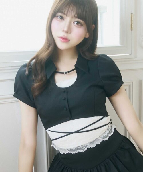 Belle Charme(ベルシャルム)の「【Belle Charme】Lace Hem Puff Tops(シャツ/ブラウス・レディース・ブラック/ベージュ・FREE)」の2枚目の写真