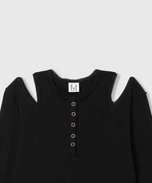 THINGS THAT MATTER（シングス ザット マター）の「EYELET MESH NOTCH HENRY NECK TOPS / アイレット メッシュ ノッチ ヘンリー ネック トップス（Tシャツ/カットソー・レディース・アイボリー/ブラック/グレー・FREE）」の10枚目の写真
