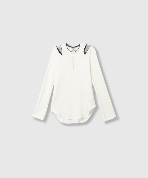 THINGS THAT MATTER（シングス ザット マター）の「EYELET MESH NOTCH HENRY NECK TOPS / アイレット メッシュ ノッチ ヘンリー ネック トップス（Tシャツ/カットソー・レディース・アイボリー/ブラック/グレー・FREE）」の12枚目の写真