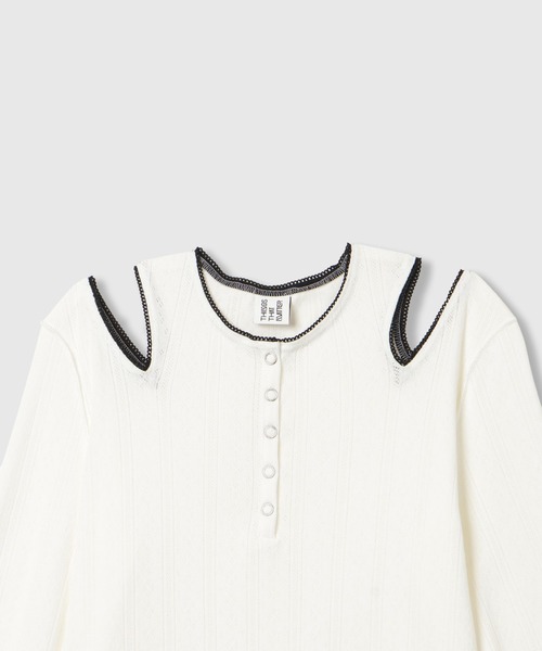 THINGS THAT MATTER（シングス ザット マター）の「EYELET MESH NOTCH HENRY NECK TOPS / アイレット メッシュ ノッチ ヘンリー ネック トップス（Tシャツ/カットソー・レディース・アイボリー/ブラック/グレー・FREE）」の13枚目の写真