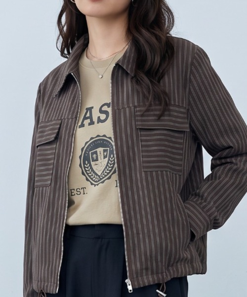 umune(ウムネ)の「大人カジュアルに着映える♪ストライプ柄スウィングトップ(その他アウター・レディース・ブラウン/チャコールグレー/ベージュ・FREE)」の3枚目の写真