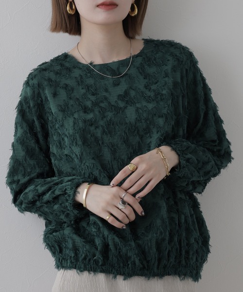 EGLANTINE(エグランティーヌ)の「EGLANTINE ジャガードブラウスプルオーバー 長袖(Tシャツ/カットソー・レディース・オフホワイト/ブルーグリーン・38)」の2枚目の写真