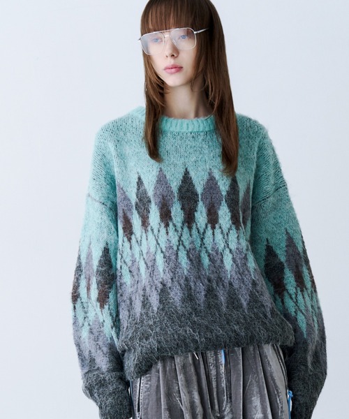 SeeSew(シーソー)の「【UNISEX】ARGYLE SHAGGY KNIT/アーガイルシャギーニット(ニット/セーター・メンズ・グレー/ミント・M/L)」の2枚目の写真