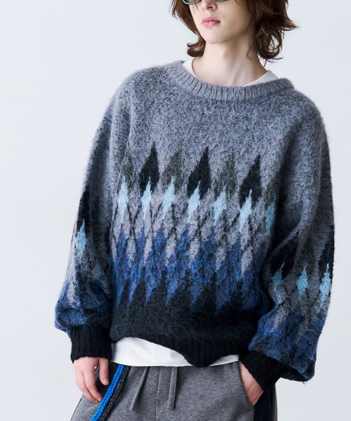 SeeSew(シーソー)の「【UNISEX】ARGYLE SHAGGY KNIT/アーガイルシャギーニット(ニット/セーター・メンズ・グレー/ミント・M/L)」の9枚目の写真