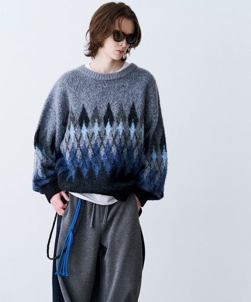 SeeSew(シーソー)の「【UNISEX】ARGYLE SHAGGY KNIT/アーガイルシャギーニット(ニット/セーター・メンズ・グレー/ミント・M/L)」の6枚目の写真