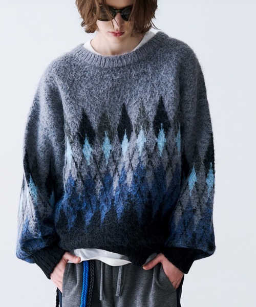 SeeSew(シーソー)の「【UNISEX】ARGYLE SHAGGY KNIT/アーガイルシャギーニット(ニット/セーター・メンズ・グレー/ミント・M/L)」の8枚目の写真