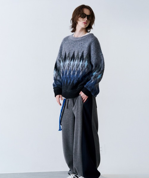 SeeSew(シーソー)の「【UNISEX】ARGYLE SHAGGY KNIT/アーガイルシャギーニット(ニット/セーター・メンズ・グレー/ミント・M/L)」の3枚目の写真