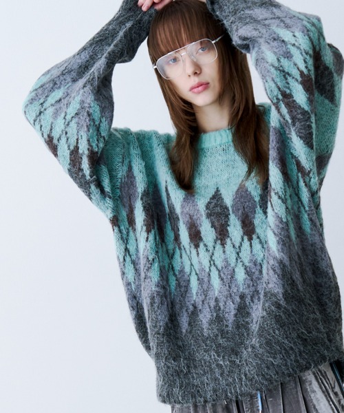 SeeSew(シーソー)の「【UNISEX】ARGYLE SHAGGY KNIT/アーガイルシャギーニット(ニット/セーター・メンズ・グレー/ミント・M/L)」の19枚目の写真