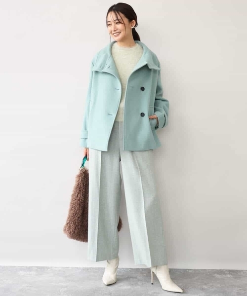 MK MICHEL KLEIN（エムケーミッシェルクラン）の「[超軽量]エアリアルウール スタンドカラーショートコート（ノーカラージャケット・レディース・ブラウン/ミント/アイボリー・38）」の18枚目の写真