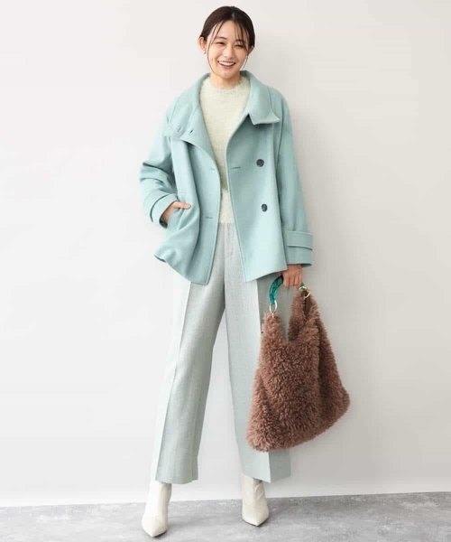 MK MICHEL KLEIN（エムケーミッシェルクラン）の「[超軽量]エアリアルウール スタンドカラーショートコート（ノーカラージャケット・レディース・ブラウン/ミント/アイボリー・38）」の20枚目の写真