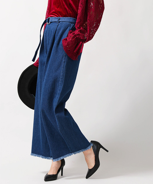 WEGO（ウィゴー）の「WEGO/デニムフリンジワイドパンツ（デニムパンツ・レディース・インディゴブルー/ダークインディゴブルー・MEDIUM/LARGE/SMALL）」の4枚目の写真