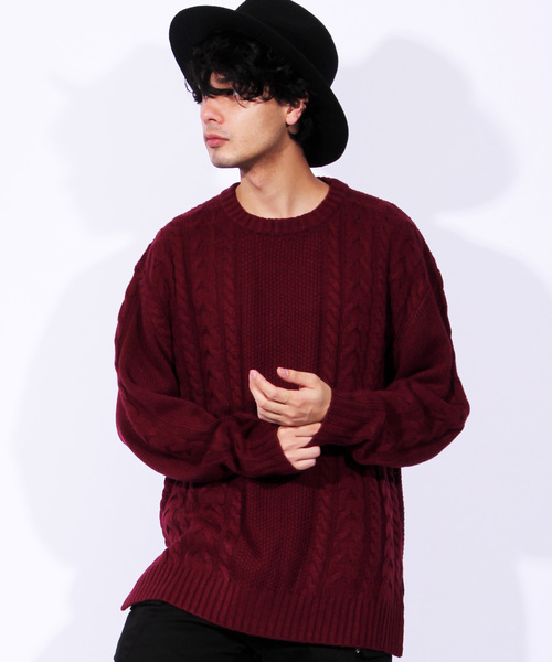 ８(eight)（エイト）の「ロング丈 ニット セーター クルーネック ケーブルニット（ニット/セーター・メンズ・ブラック/ワイン/キナリ/グレー・MEDIUM/LARGE/X-LARGE）」の4枚目の写真
