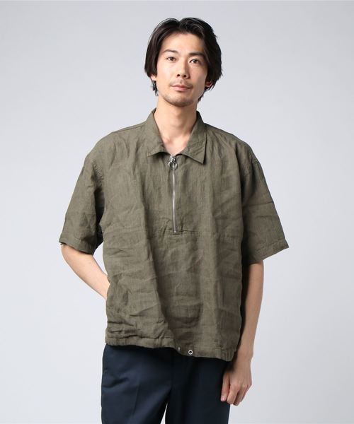 VIBGYOR（ヴィブジョー）の「VIBGYOR Select/ フレンチリネンハーフＺＩＰ半袖シャツ（シャツ/ブラウス・メンズ・ホワイト/カーキ/テラコッタ・MEDIUM/X-LARGE/LARGE）」の3枚目の写真