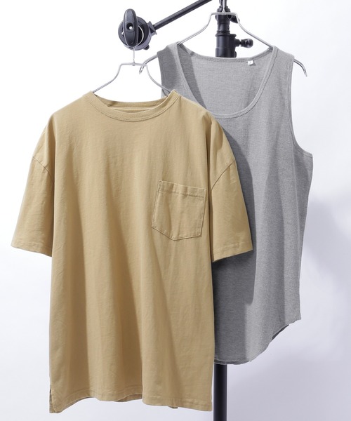 MONO-MART（モノマート）の「レイヤード オーバーサイズ 半袖Tシャツ タンクトップ(アンサンブル) 半袖カットソー+ワッフルタンクトップ 2枚セット（タンクトップ・メンズ・ホワイト/ブラック/ブラウン/ベージュ/オリーブ/チャコール・S/M/L）」の6枚目の写真