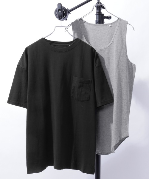 MONO-MART（モノマート）の「レイヤード オーバーサイズ 半袖Tシャツ タンクトップ(アンサンブル) 半袖カットソー+ワッフルタンクトップ 2枚セット（タンクトップ・メンズ・ホワイト/ブラック/ブラウン/ベージュ/オリーブ/チャコール・S/M/L）」の3枚目の写真