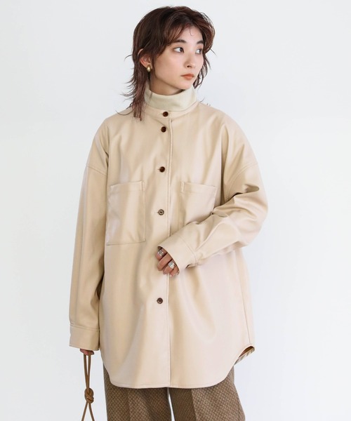 select MOCA（セレクトモカ）の「2020 A/W フェイクレザーシャツジャケット/スタンドカラーマットレザーライクシャツJK（シャツ/ブラウス・レディース・ブラック/カーキ/ライトベージュ・FREE）」の3枚目の写真