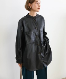 2020 A/W フェイクレザーシャツジャケット/スタンドカラーマットレザーライクシャツJK