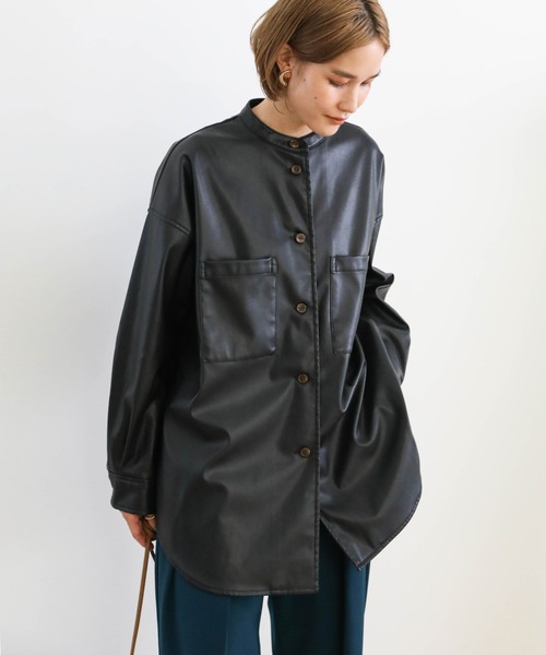 select MOCA（セレクトモカ）の「2020 A/W フェイクレザーシャツジャケット/スタンドカラーマットレザーライクシャツJK（シャツ/ブラウス・レディース・ブラック/カーキ/ライトベージュ・FREE）」の8枚目の写真