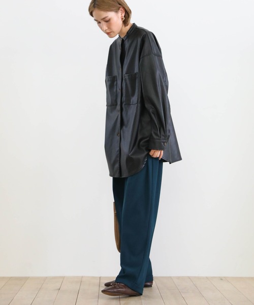 select MOCA（セレクトモカ）の「2020 A/W フェイクレザーシャツジャケット/スタンドカラーマットレザーライクシャツJK（シャツ/ブラウス・レディース・ブラック/カーキ/ライトベージュ・FREE）」の7枚目の写真