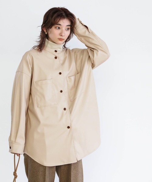 select MOCA（セレクトモカ）の「2020 A/W フェイクレザーシャツジャケット/スタンドカラーマットレザーライクシャツJK（シャツ/ブラウス・レディース・ブラック/カーキ/ライトベージュ・FREE）」の12枚目の写真