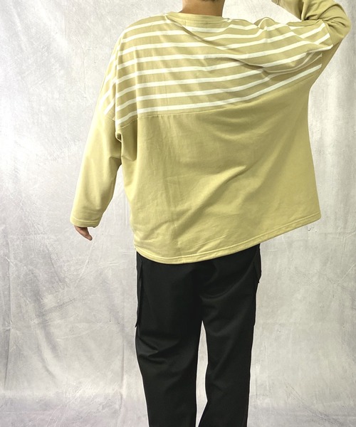 Beno(ビーノ)の「ミニ裏毛 / バックショルダー ボーダー スイッチ 裾スピンドル ビッグシルエット ロンT(Tシャツ/カットソー・メンズ・ブラック/ベージュ/オフホワイト/カーキ・FREE)」の1枚目の写真