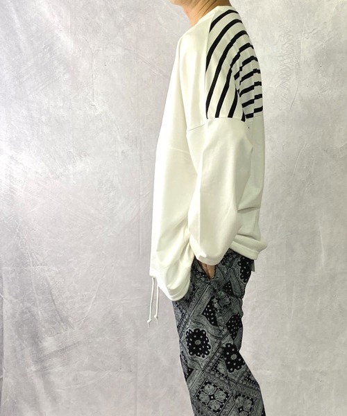 Beno(ビーノ)の「ミニ裏毛 / バックショルダー ボーダー スイッチ 裾スピンドル ビッグシルエット ロンT(Tシャツ/カットソー・メンズ・ブラック/ベージュ/オフホワイト/カーキ・FREE)」の5枚目の写真