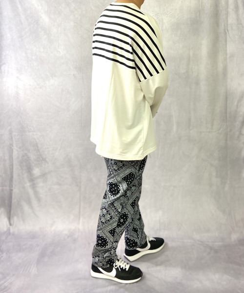 Beno(ビーノ)の「ミニ裏毛 / バックショルダー ボーダー スイッチ 裾スピンドル ビッグシルエット ロンT(Tシャツ/カットソー・メンズ・ブラック/ベージュ/オフホワイト/カーキ・FREE)」の6枚目の写真