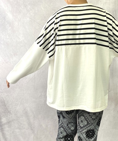 Beno(ビーノ)の「ミニ裏毛 / バックショルダー ボーダー スイッチ 裾スピンドル ビッグシルエット ロンT(Tシャツ/カットソー・メンズ・ブラック/ベージュ/オフホワイト/カーキ・FREE)」の8枚目の写真