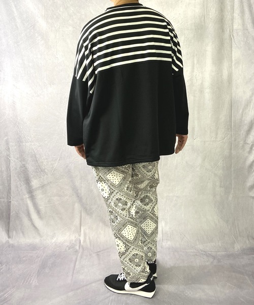 Beno(ビーノ)の「ミニ裏毛 / バックショルダー ボーダー スイッチ 裾スピンドル ビッグシルエット ロンT(Tシャツ/カットソー・メンズ・ブラック/ベージュ/オフホワイト/カーキ・FREE)」の9枚目の写真