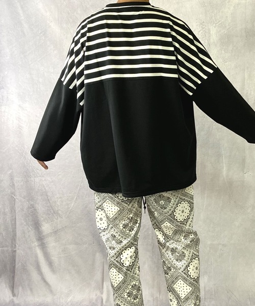 Beno(ビーノ)の「ミニ裏毛 / バックショルダー ボーダー スイッチ 裾スピンドル ビッグシルエット ロンT(Tシャツ/カットソー・メンズ・ブラック/ベージュ/オフホワイト/カーキ・FREE)」の10枚目の写真