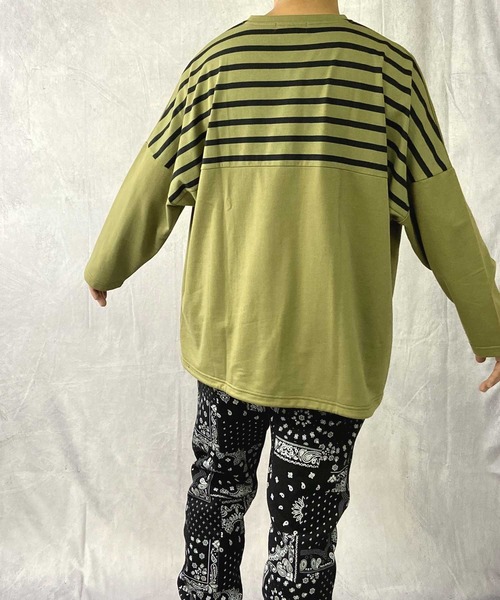 Beno(ビーノ)の「ミニ裏毛 / バックショルダー ボーダー スイッチ 裾スピンドル ビッグシルエット ロンT(Tシャツ/カットソー・メンズ・ブラック/ベージュ/オフホワイト/カーキ・FREE)」の19枚目の写真