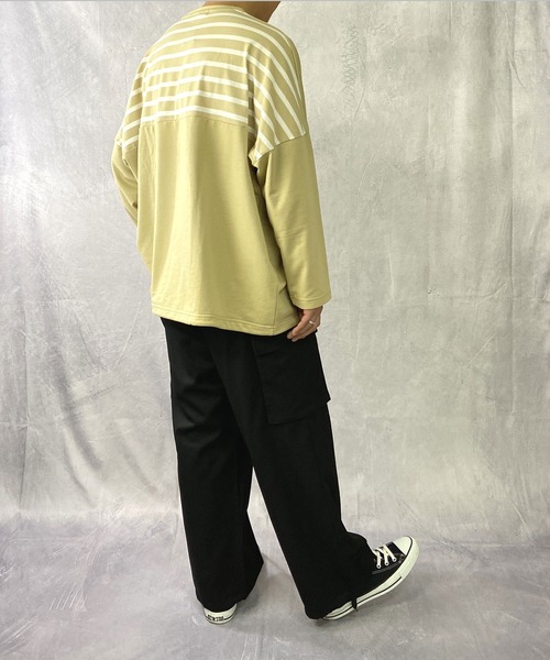 Beno(ビーノ)の「ミニ裏毛 / バックショルダー ボーダー スイッチ 裾スピンドル ビッグシルエット ロンT(Tシャツ/カットソー・メンズ・ブラック/ベージュ/オフホワイト/カーキ・FREE)」の14枚目の写真