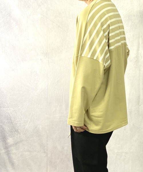 Beno(ビーノ)の「ミニ裏毛 / バックショルダー ボーダー スイッチ 裾スピンドル ビッグシルエット ロンT(Tシャツ/カットソー・メンズ・ブラック/ベージュ/オフホワイト/カーキ・FREE)」の15枚目の写真