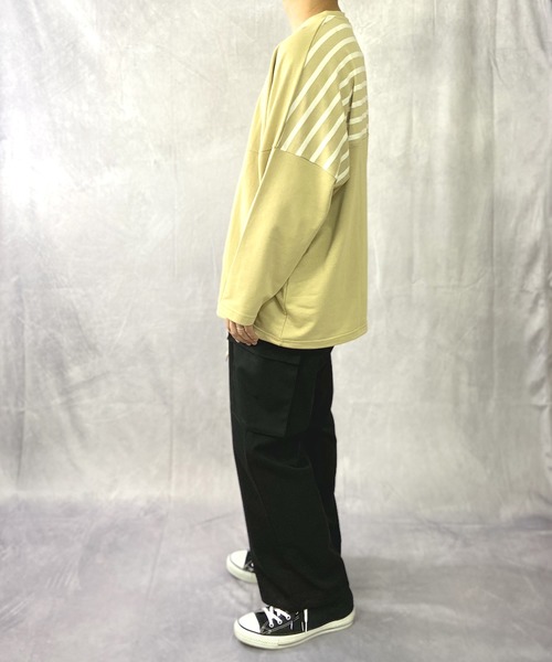 Beno(ビーノ)の「ミニ裏毛 / バックショルダー ボーダー スイッチ 裾スピンドル ビッグシルエット ロンT(Tシャツ/カットソー・メンズ・ブラック/ベージュ/オフホワイト/カーキ・FREE)」の16枚目の写真