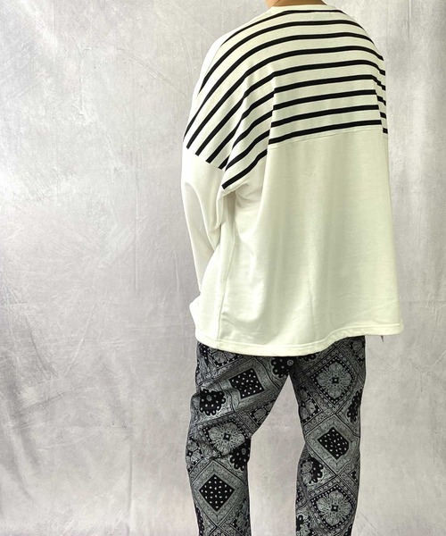 Beno(ビーノ)の「ミニ裏毛 / バックショルダー ボーダー スイッチ 裾スピンドル ビッグシルエット ロンT(Tシャツ/カットソー・メンズ・ブラック/ベージュ/オフホワイト/カーキ・FREE)」の7枚目の写真