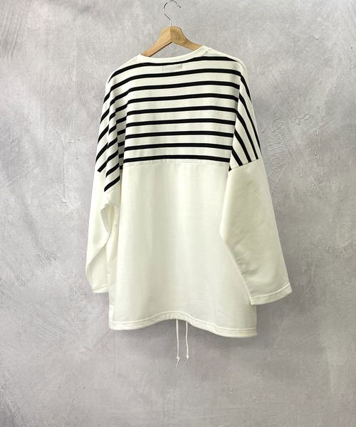 Beno(ビーノ)の「ミニ裏毛 / バックショルダー ボーダー スイッチ 裾スピンドル ビッグシルエット ロンT(Tシャツ/カットソー・メンズ・ブラック/ベージュ/オフホワイト/カーキ・FREE)」の20枚目の写真