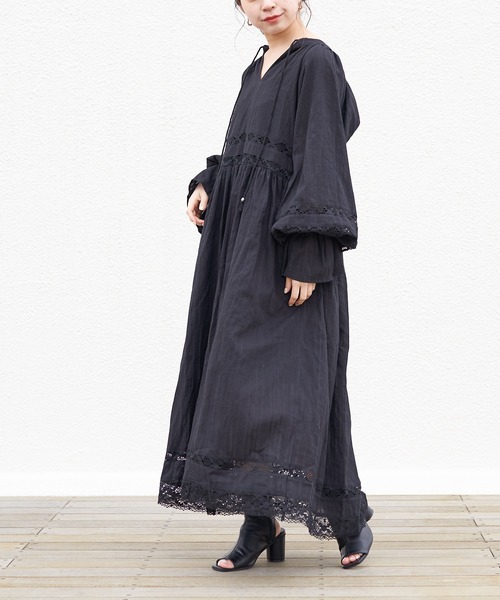 SinceThenラブリー モノカラー レース切替 ロング ワンピース Lace Ladies ワンピース ビッグカラー フリル レース Iライン
