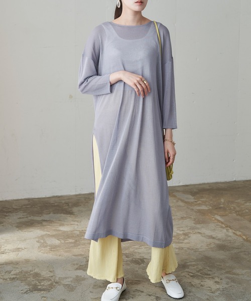Chaco closet(チャコ クローゼット)の「オーバーサイズ シアーニット スリット入りロングワンピース チュニック(ワンピース・レディース・ブラック/ベージュ/オレンジ/ラベンダー/グリーン系その他/ブルー系その他・FREE)」の18枚目の写真