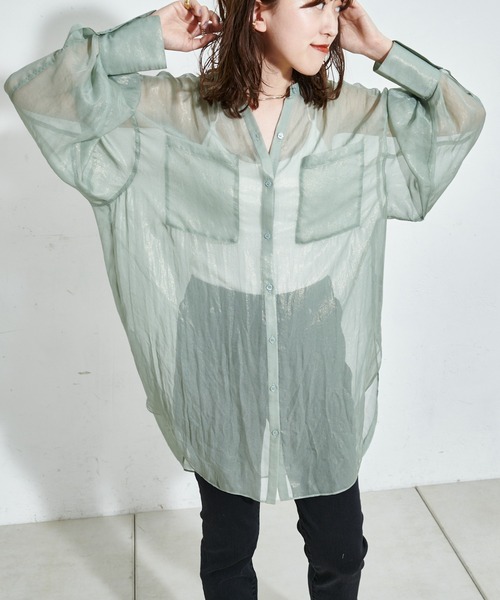 DISCOAT（ディスコート）の「ラメシアーバンドカラーシャツ（シャツ/ブラウス・レディース・ホワイト系その他/グレー/ミント・FREE）」の21枚目の写真