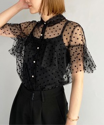 フロッキードットチュールフリルシアーブラウス