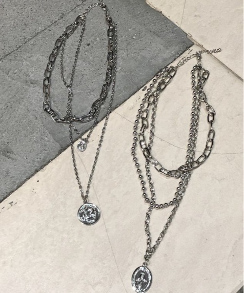 Chikashitsu +(チカシツプラス)の「【Chikashitsu +/チカシツプラス】layered necklace/レイヤード ネックレス 3連 チェーン コイン ネックレス(ネックレス・メンズ・シルバー系1/シルバー系2・FREE)」の4枚目の写真