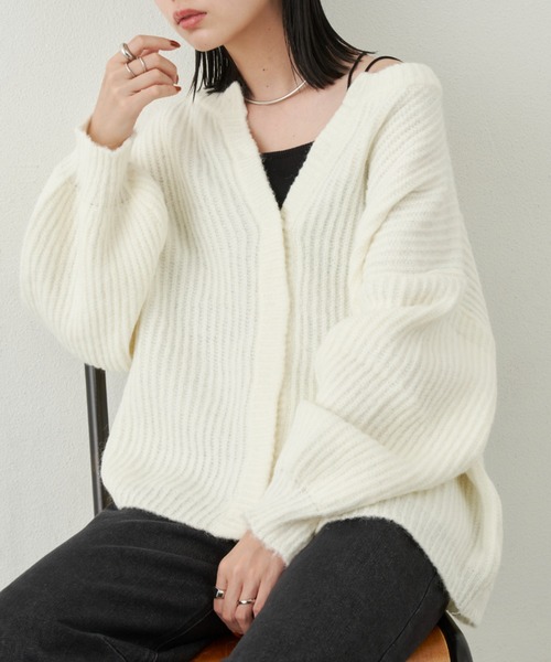 【美品】45R ウール100% お袖ふんわり ミックスニット カーディガン L セール】 【洗える】カシミヤブレンド ニット カーディガン