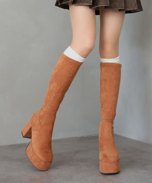 スクエアトゥ厚底プラットフォームストレッチロングブーツ