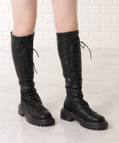 セール】厚底 編み上げロングブーツ レースアップ（ブーツ