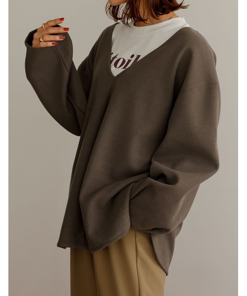 Re:EDIT（リエディ）の「軽くて暖かいリサイクルストレッチ圧縮ニットソー深Vネックプルオーバー（その他トップス・レディース・ブラック/グレー系その他/ブルー/ベージュ・MEDIUM/LARGE）」の2枚目の写真