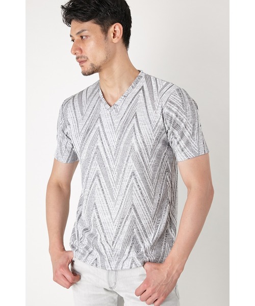 HIGH STREET(ハイストリート)の「HIGH STREET∴ランダムへリンボンVネックTシャツ(Tシャツ/カットソー・メンズ・ネイビー/グレー・LL/M/L)」の1枚目の写真