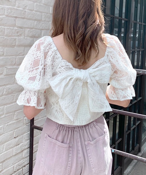 OLIVE des OLIVE（オリーブデオリーブ）の「バックリボンレースブラウス（シャツ/ブラウス・レディース・ブルー/ブラック/オフホワイト・FREE）」の9枚目の写真