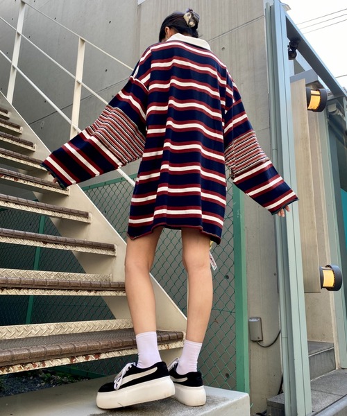 Candy Stripper(キャンディストリッパー)の「CND JUMBLE BORDER POLO トップス(ポロシャツ・レディース・ブラック/ネイビー/ブルー・2)」の7枚目の写真