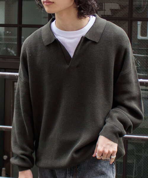 GLOSTER（グロスター）の「【GLOSTER/グロスター】片畦スキッパーポロシャツ ニットポロ ハイゲージ（ニット/セーター・メンズ・ブラック/オリーブ/アイボリー・S/M/L）」の3枚目の写真