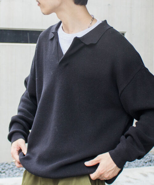 GLOSTER（グロスター）の「【GLOSTER/グロスター】片畦スキッパーポロシャツ ニットポロ ハイゲージ（ニット/セーター・メンズ・ブラック/オリーブ/アイボリー・S/M/L）」の2枚目の写真